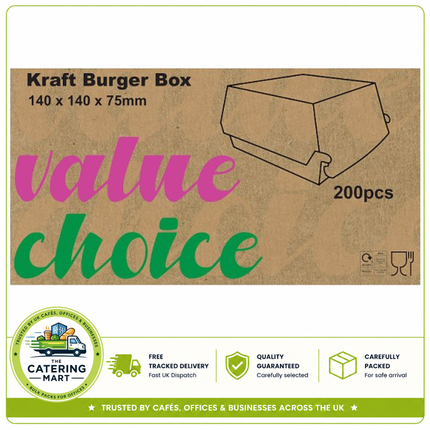 Value Choice Kraft Burger Boxes 200 pack 140 x 140 x 75mm for takeaway food packaging