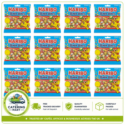 HARIBO Balla Bites wholesale case containing 12 x 140g bags of fruity chewy sweets