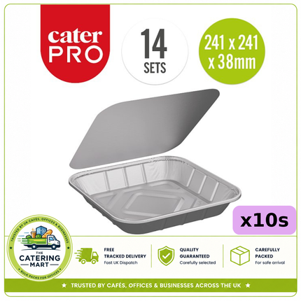 CaterPro 10 x 14 aluminium foil square trays 241 x 241 x 39mm with foil lined lids for bulk wholesale catering packaging