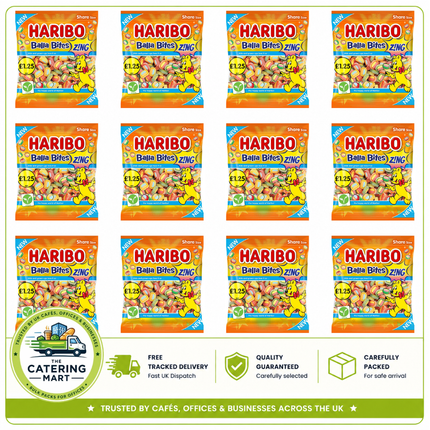 HARIBO Balla Bites Zing wholesale case containing 12 x 140g £1.25 PMP bags of fizzy sour chewy sweets