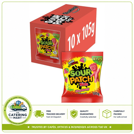 Sour Patch Kids Strawberry Candy wholesale case containing 10 x 105g bags of strawberry flavour sour chewy sweets