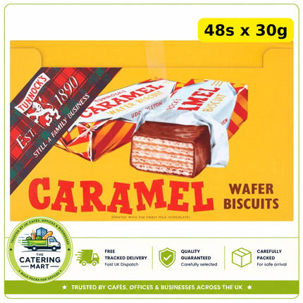 Tunnock's Caramel Wafer Biscuits wholesale case containing 48 individually wrapped 30g chocolate caramel wafer bars