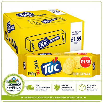 Jacob's TUC Original Snack Crackers wholesale case containing 12 x 150g packs of crisp savoury crackers