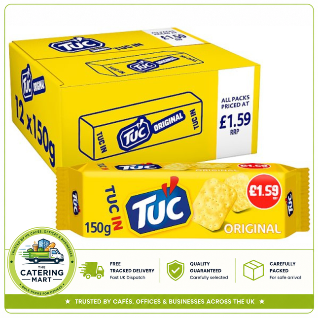 Jacob's TUC Original Snack Crackers wholesale case containing 12 x 150g packs of crisp savoury crackers