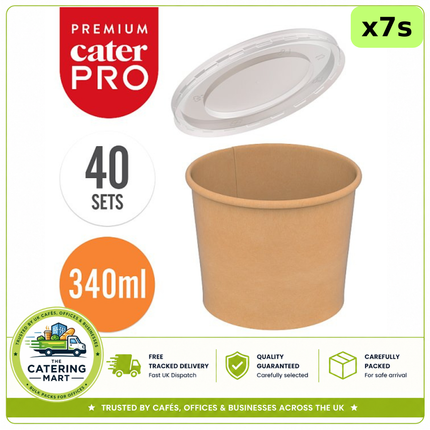 CaterPro Premium 7 x 40 kraft food pots with plastic PP lids 340ml, 280 pots for takeaway and catering