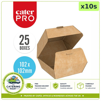 CaterPro 10 x 25 kraft burger boxes with hinged lids for bulk wholesale takeaway burger packaging