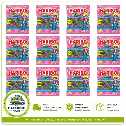 HARIBO Bubblegum Bottles wholesale case containing 12 x 140g £1.25 PMP bags of fizzy bubblegum flavour sweets