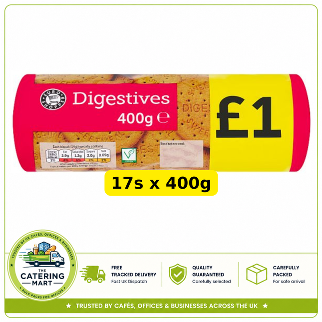 Image Alt Text
Euro Shopper Digestive Biscuits wholesale case containing 17 x 400g packs