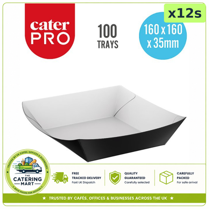 CaterPro 12 x 100 black paper food trays, 1,200 trays total wholesale packaging