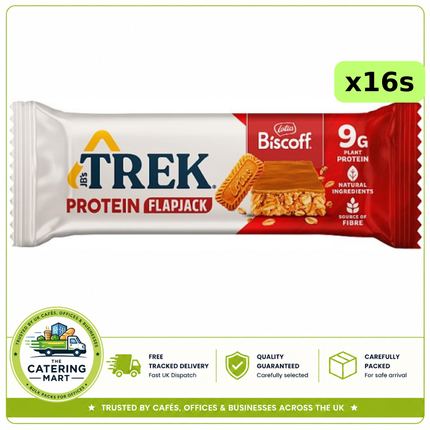 TREK Biscoff Protein Flapjack wholesale case containing 16 x 50g protein snack bars