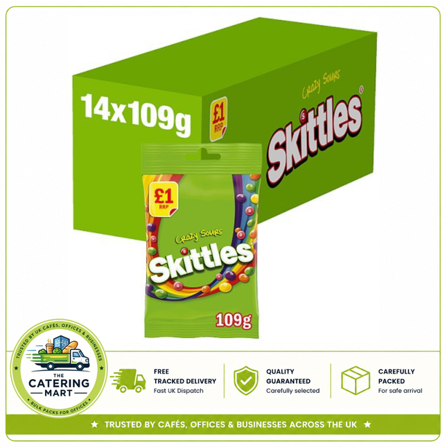 Skittles Vegan Crazy Sour Fruit Flavour Sweets wholesale case containing 14 x 109g treat bags