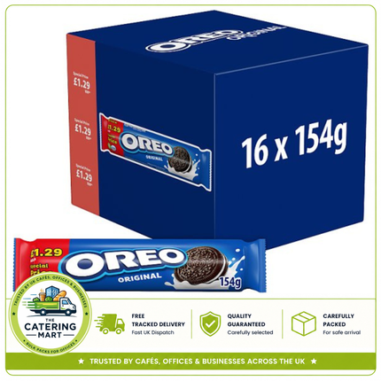 OREO Original Vanilla Sandwich Biscuits wholesale case containing 16 x 154g roll packs of cocoa biscuits with vanilla creme