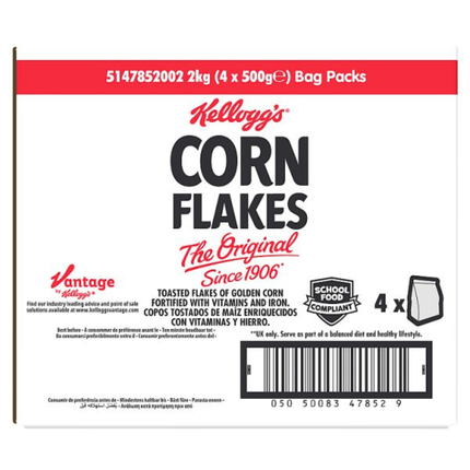 Kellogg's Corn Flakes Breakfast Cereal wholesale case containing 4 x 500g bags of crisp golden corn flakes for hotel breakfast buffets and catering