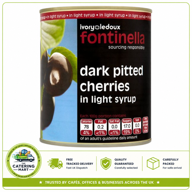 Fontinella Dark Pitted Cherries in Light Syrup 810g wholesale catering can of pitted dark cherries