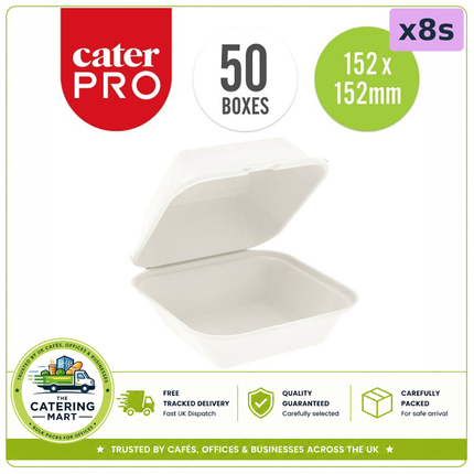 CaterPro Bagasse Burger Boxes with Hinged Lids wholesale case containing 8 packs of 50 boxes