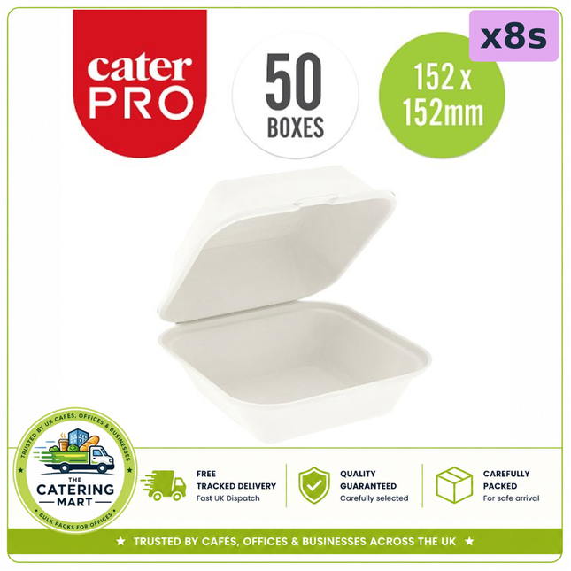 CaterPro Bagasse Burger Boxes with Hinged Lids wholesale case containing 8 packs of 50 boxes