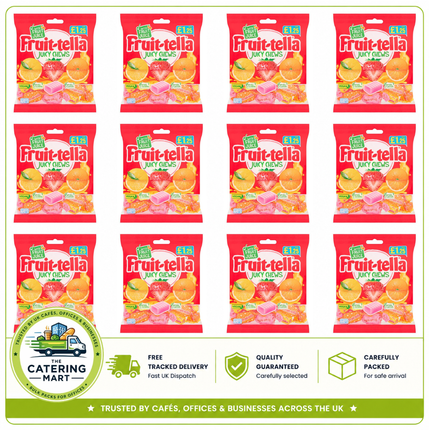 Fruit-tella Juicy Chews wholesale case containing 12 x 135g bags of individually wrapped strawberry, orange and lemon chewy sweets