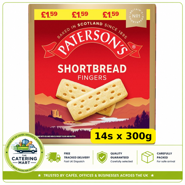 Paterson's Shortbread Fingers wholesale case containing 14 x 300g packs of traditional Scottish-style shortbread biscuits