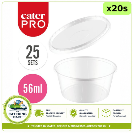 CaterPro 20 x 25 plastic PP sauce pots with lids 56ml for bulk wholesale takeaway and catering packaging
