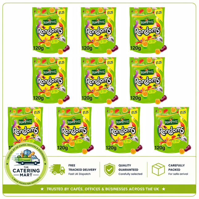 Rowntree's Randoms Sweets wholesale case containing 10 x 120g sharing bags of assorted colourful chewy sweets