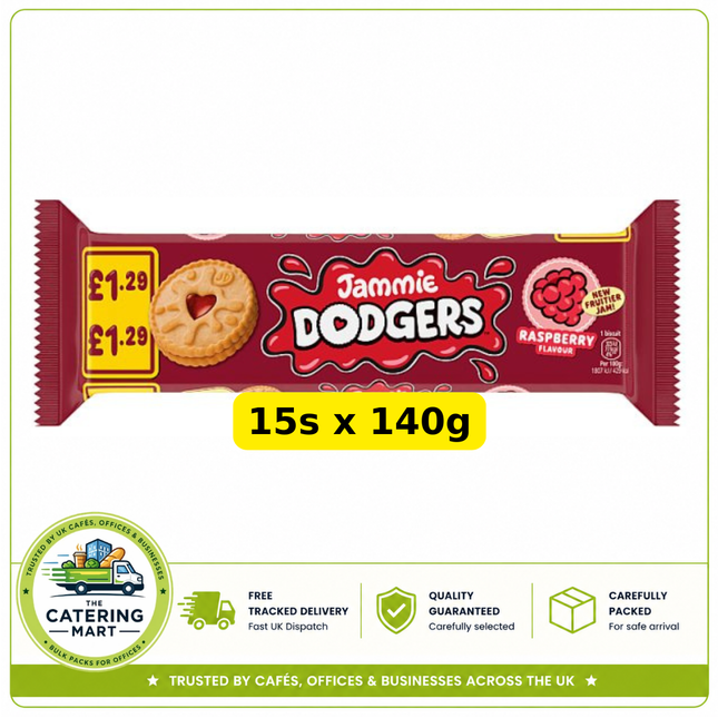 Jammie Dodgers Raspberry Flavour wholesale case containing 15 x 140g packs of raspberry filled sandwich biscuits