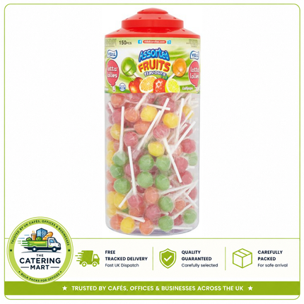 Vidal Lotta Lollies assorted fruit flavour lollipops wholesale pack containing 150 colourful lollipops