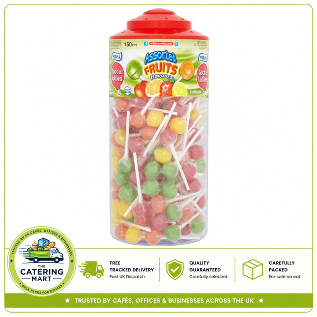 Vidal Lotta Lollies assorted fruit flavour lollipops wholesale pack containing 150 colourful lollipops