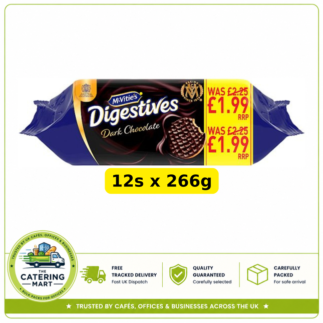 McVitie's Dark Chocolate Digestive Biscuits wholesale case containing 12 x 266g packs of dark chocolate digestive biscuits