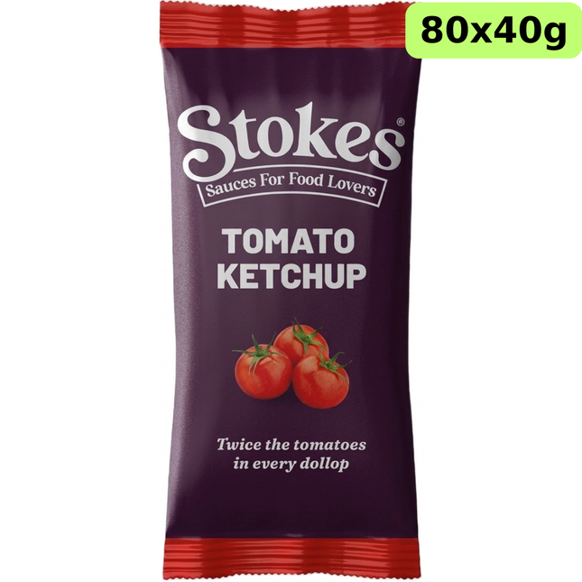 Stokes Tomato Ketchup Sachets catering pack containing 80 individual 40g portions.