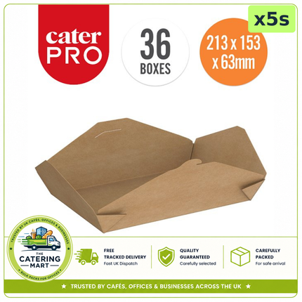 CaterPro 1500ml Kraft Food Boxes with Folded Lid wholesale case containing 5 packs of 36 boxes