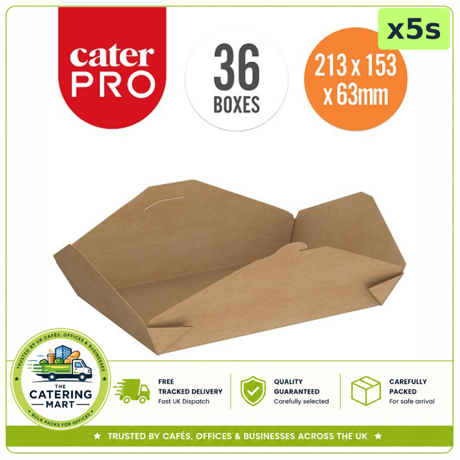 CaterPro 1500ml Kraft Food Boxes with Folded Lid wholesale case containing 5 packs of 36 boxes