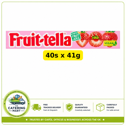 Fruit-tella Strawberry Chews wholesale case containing 40 individual 41g packs of strawberry flavour chewy sweets