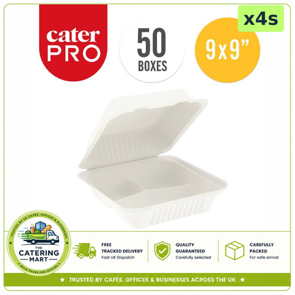 CaterPro 4 x 50 bagasse triple compartment food boxes with hinged lids for bulk wholesale takeaway packaging