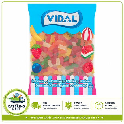 Vidal Jelly Bears 1kg wholesale bag containing colourful soft and chewy assorted fruit flavour gummy bear sweets