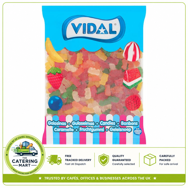 Vidal Jelly Bears 1kg wholesale bag containing colourful soft and chewy assorted fruit flavour gummy bear sweets