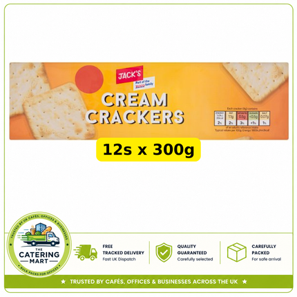 Jack's Cream Crackers wholesale case containing 12 x 300g packs of crisp savoury crackers