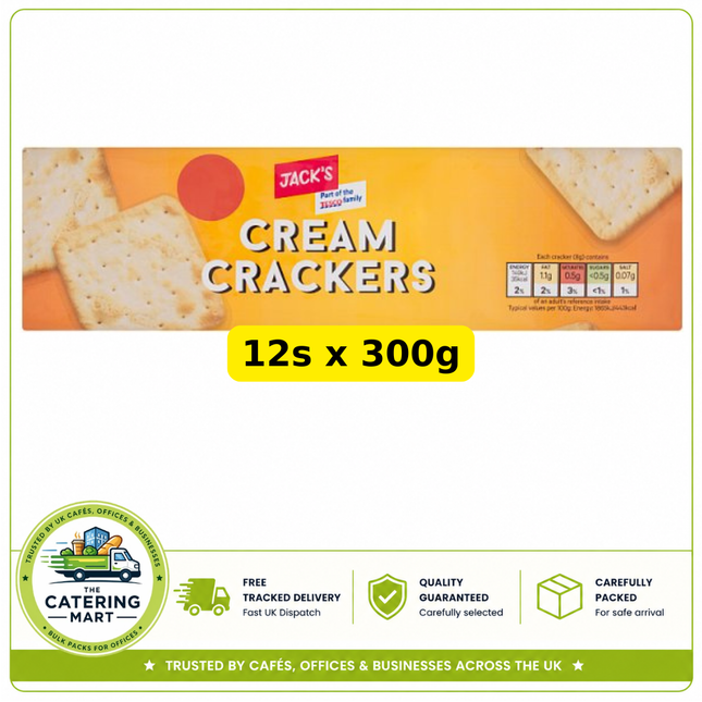 Jack's Cream Crackers wholesale case containing 12 x 300g packs of crisp savoury crackers