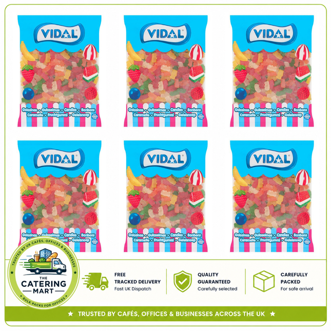 Vidal Jelly Bears wholesale case containing 6 x 1kg bags of colourful soft chewy gummy bear sweets