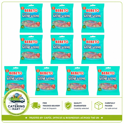 Bebeto Fizzy Whizzy Weenie Worms wholesale case containing 10 x 150g bags of fizzy chewy gummy sweets