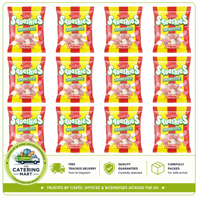 Swizzels Squashies Original Raspberry and Milk wholesale case containing 12 x 140g bags of soft chewy sweets