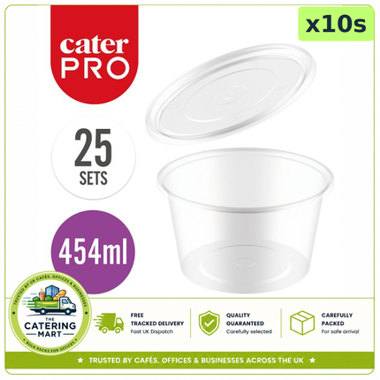 CaterPro 10 x 25 plastic PP deli pots with lids 454ml for bulk wholesale food packaging