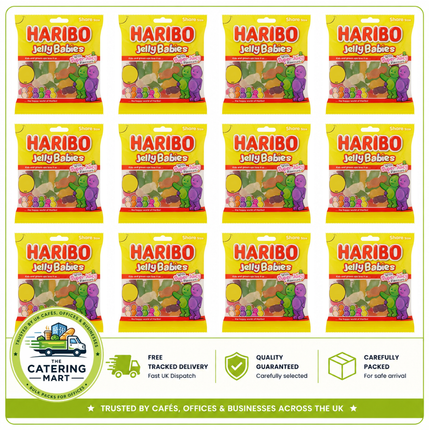 HARIBO Jelly Babies wholesale case containing 12 x 140g sharing bags of soft fruit-flavoured jelly sweets