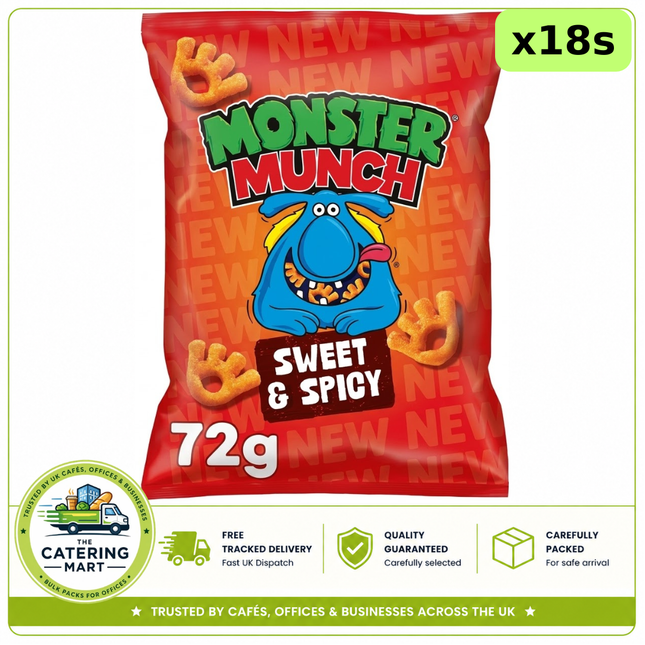 Walkers Monster Munch Sweet & Spicy Snacks wholesale case containing 18 x 72g individual snack packs