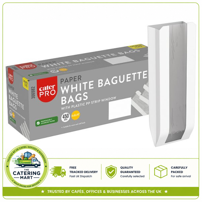 CaterPro 450 White Paper Baguette Bags with Plastic PP Strip Window wholesale pack