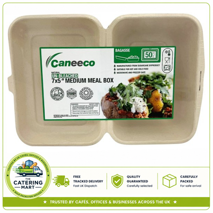 Caneeco 50 natural unbleached 7 x 5 inch medium meal boxes for wholesale takeaway packaging