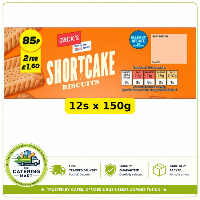 Jack's Shortcake Biscuits wholesale case containing 12 x 150g packs of classic crisp and crumbly sweet biscuits