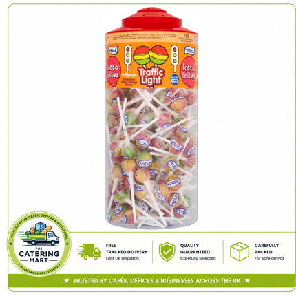 Vidal Lotta Lollies bulk pack containing 150 strawberry and lemon-orange flavour lollipops for wholesale hospitality use