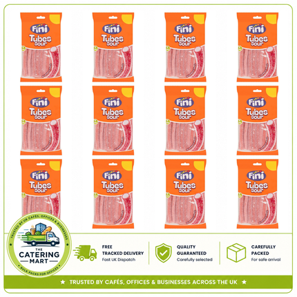 Fini Strawberry Shock Sour Tubes wholesale case containing 12 x 140g tubs of sour strawberry sweets