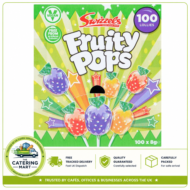Swizzels Fruity Pops 100 count dispenser box containing individually wrapped fruit flavoured lollipops