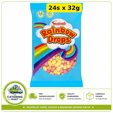 Swizzels Rainbow Drops wholesale case containing 24 individual 32g bags of colourful puffed sweets